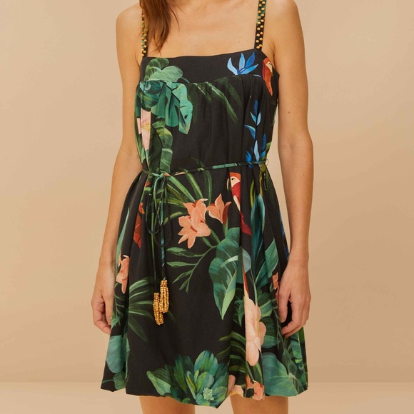 FARM Rio Black Midnight Macaw Fiesta LENZING™ ECOVERO™ Euroflax™ Mini Dress Size - Picture 1 of 3